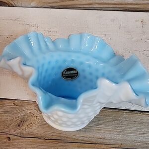 Vintage Kanawha WV Handcrafted White Blue Ruffled Rim Hobnail Bowl